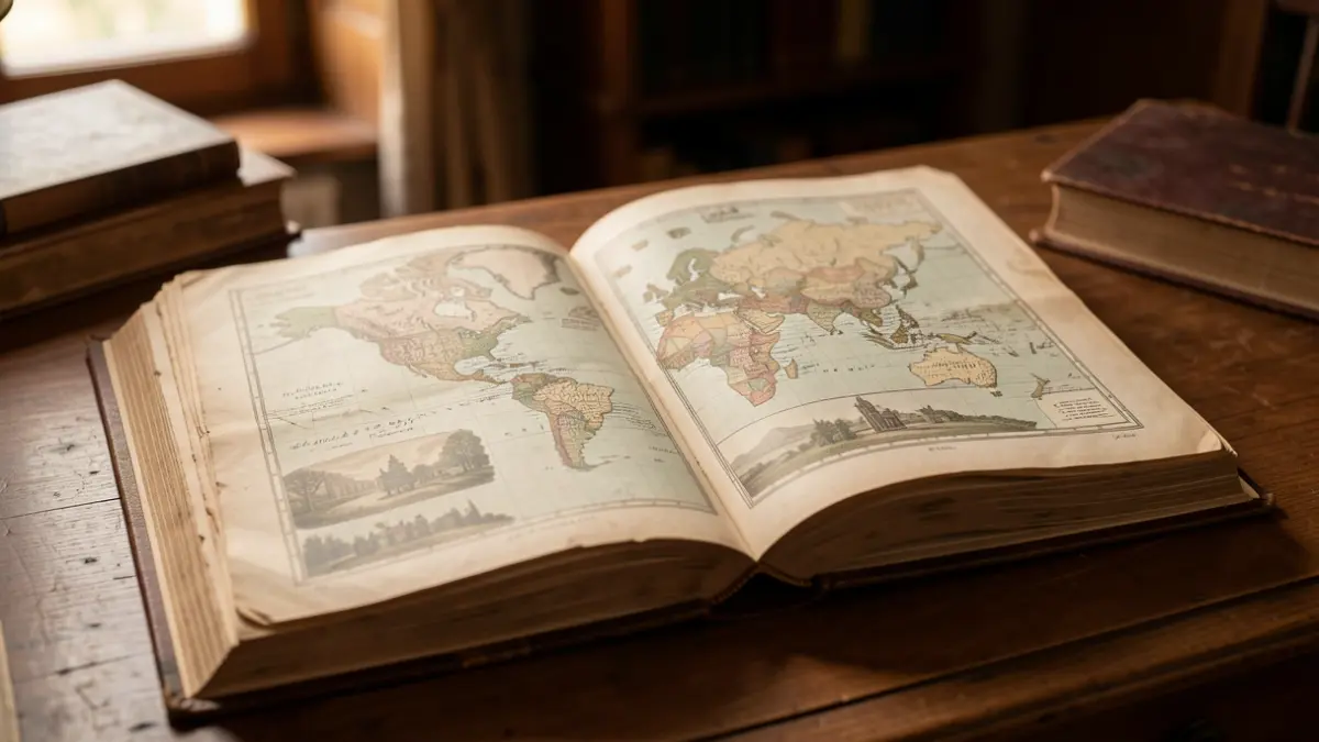 Open antique geography book on a wooden desk, showing faded maps and illustrations.