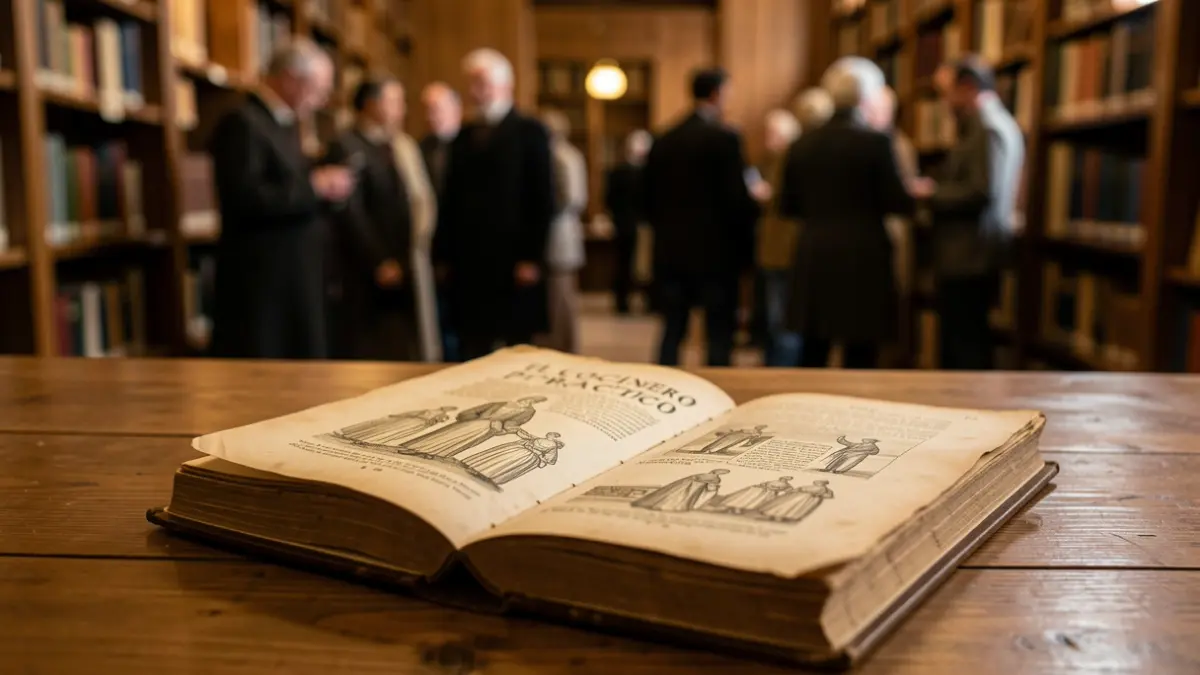 Close-up of an antique cookbook titled 'El cocinero práctico' with aged pages and visible illustrations, on a wooden table. Warm, soft lighting.