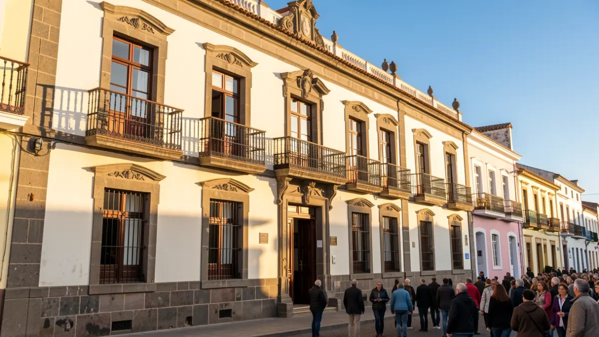 Fachada de un ayuntamiento tradicional canario con balcones ornamentados y detalles de piedra, bajo la luz cálida de la tarde.