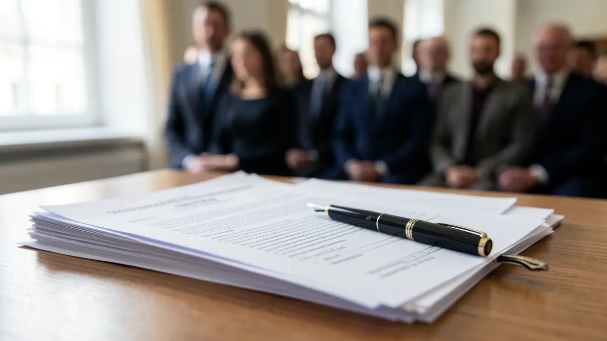 Official documents on a wooden desk.
