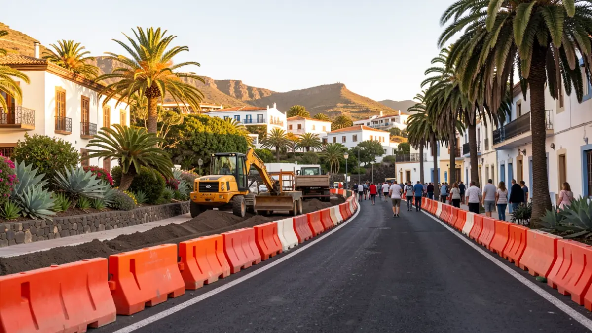 Road improvement works on Chelé street in Valle Gran Rey with machinery and signage.