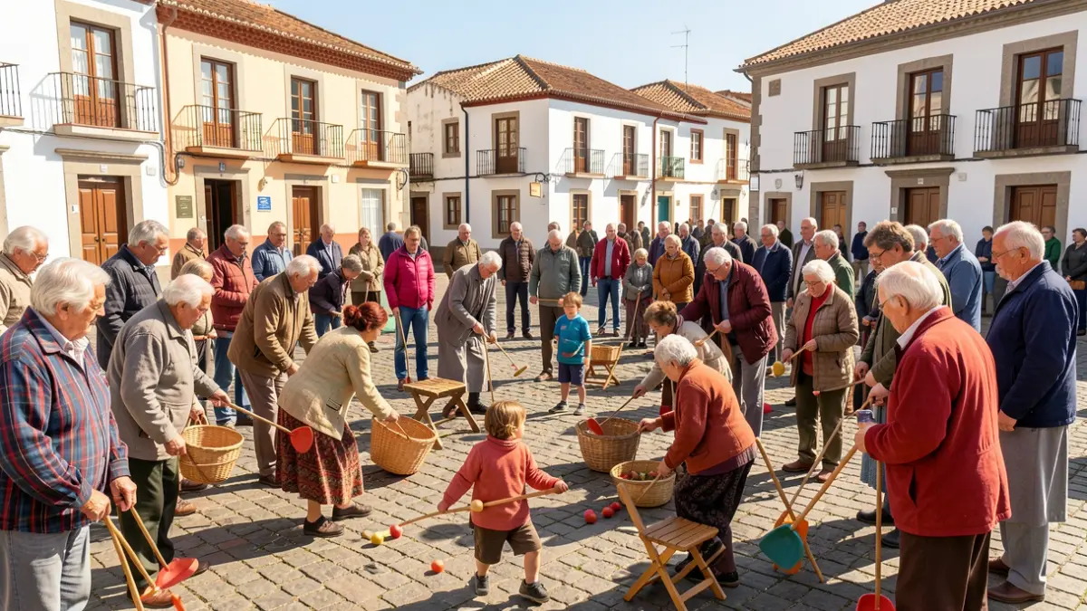 Personas mayores participando en juegos tradicionales en la Plaza de Vallehermoso, La Gomera, durante una jornada de convivencia.