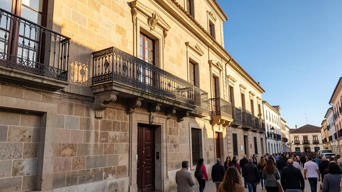 Fachada de piedra de un ayuntamiento canario con balcón ornamentado y barandillas de hierro, luz cálida de la tarde proyectando sombras sobre las paredes de arenisca, cielo azul.