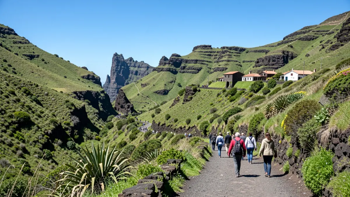 Imagen genérica de un sendero de montaña en La Gomera con arquitectura tradicional.