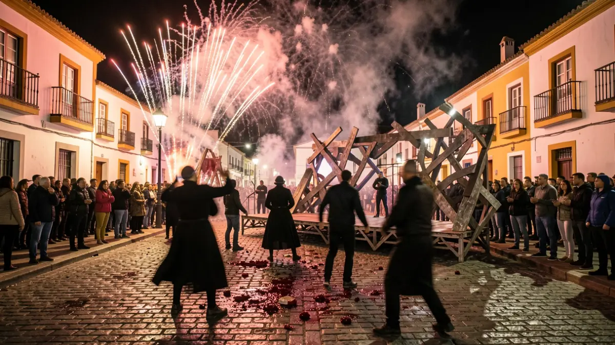 Night scene of street theater in Valsequillo, Gran Canaria, with costumed actors, pyrotechnics, and a stage structure.