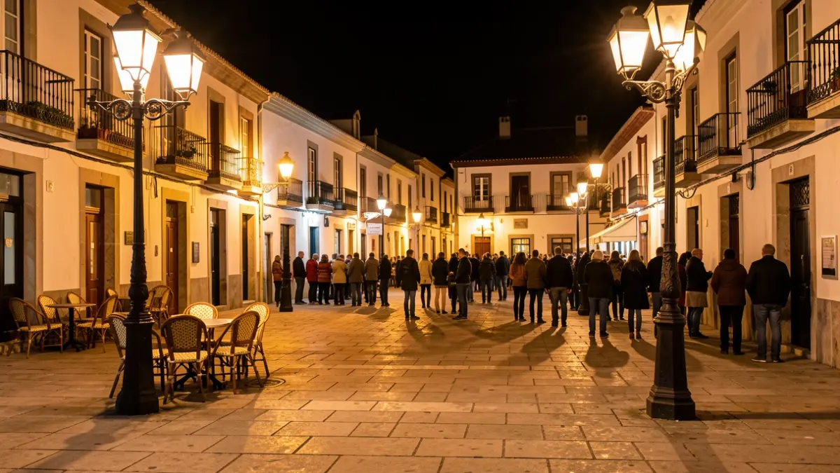Plaza de un pueblo canario por la noche, iluminada por farolas, con sillas de café dispersas y un ambiente de teatro callejero.