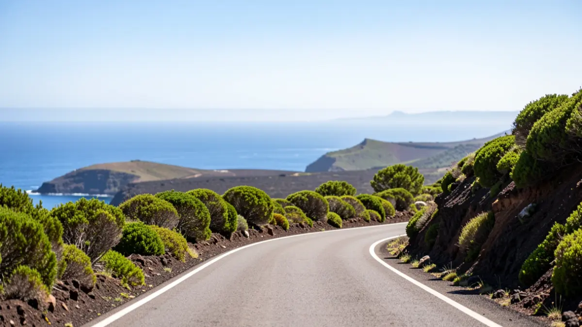 Carretera escénica en El Hierro con paisaje volcánico y mar.