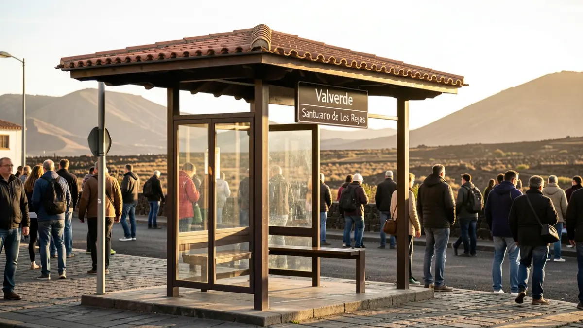 Traditional Canarian bus stop in Valverde with signage towards the Sanctuary of Los Reyes, under morning light.