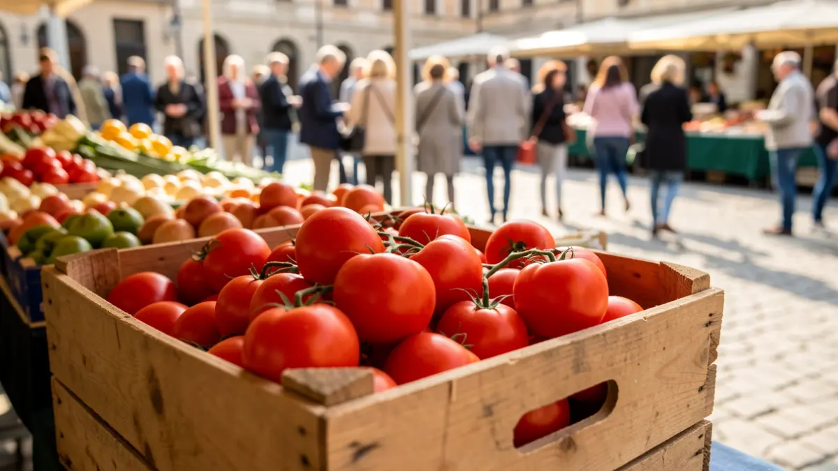 Image of fresh tomatoes at an outdoor market stall.