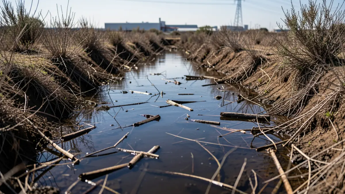 Stagnant, murky water pool in a dry ravine, with floating debris and dry vegetation around. In the background, an industrial facility and a power line tower.