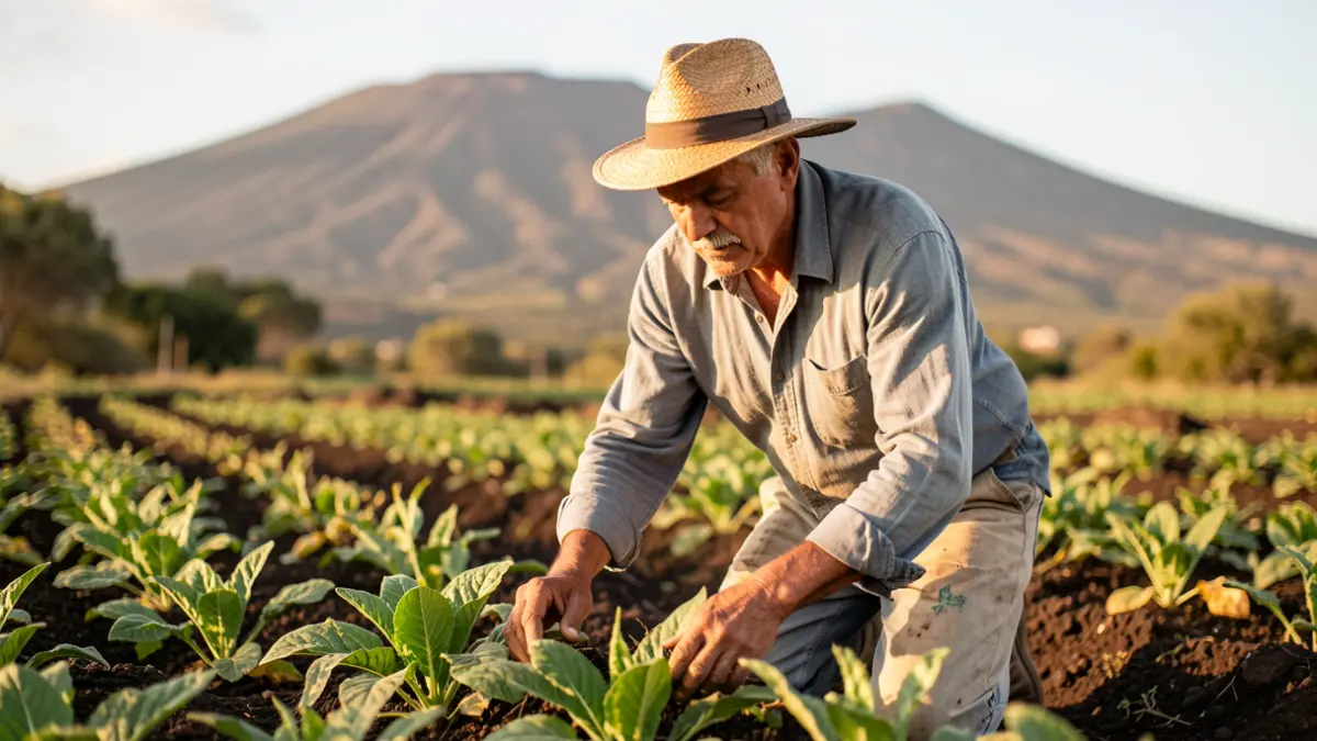 Canarian farmer working the land in Vega de San Mateo, with the volcanic landscape of Gran Canaria in the background.