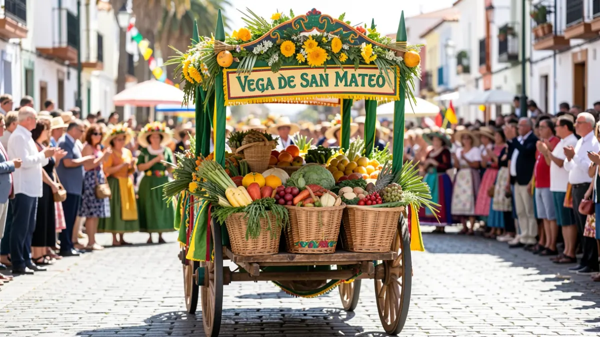 Cart from Vega de San Mateo adorned with agricultural products, ready for the Romería del Pino in Teror.