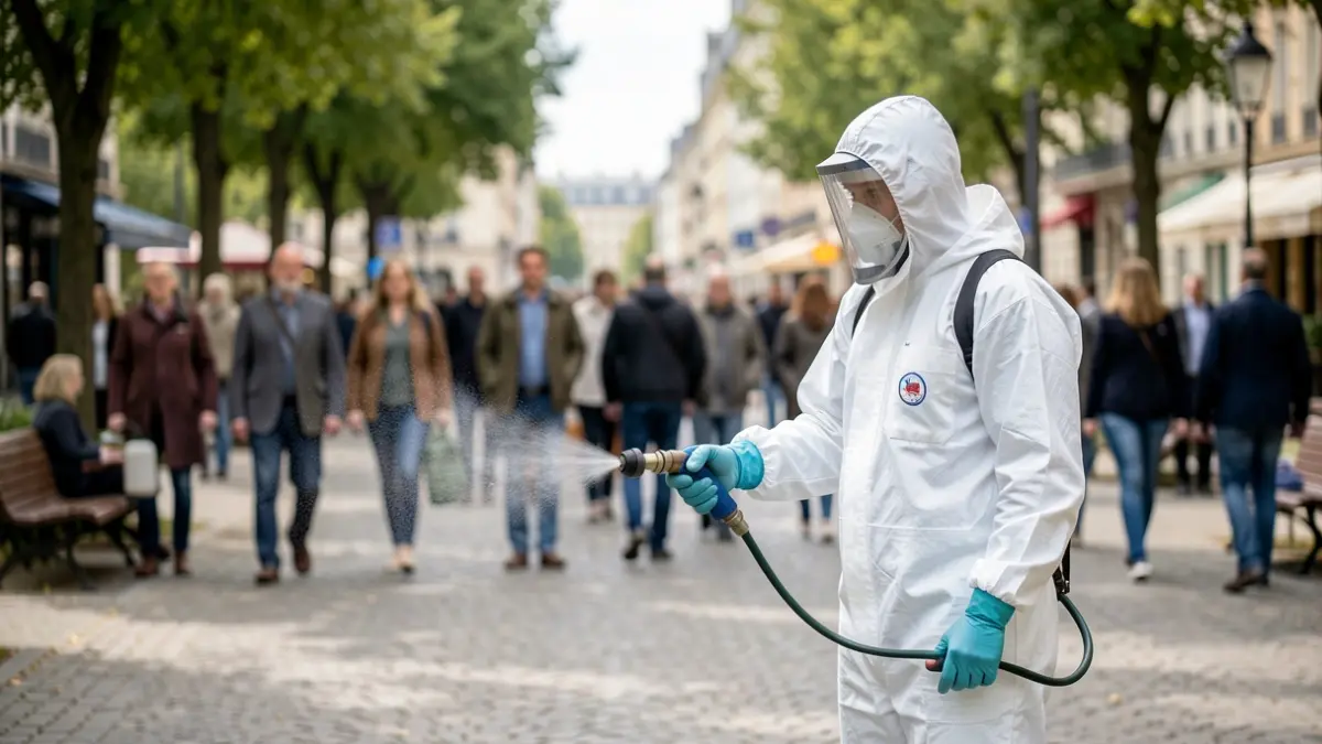 Municipal worker performing pest control tasks in a public area.