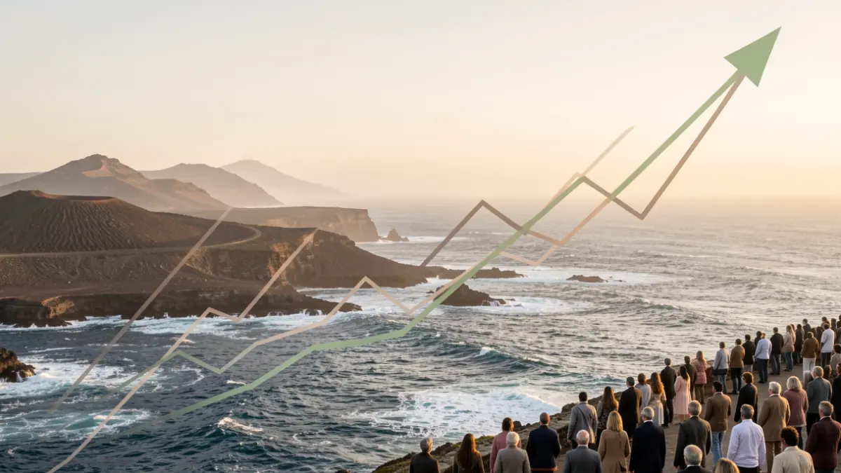 Generic image of economic growth in the Canary Islands with graphs and volcanic landscape.