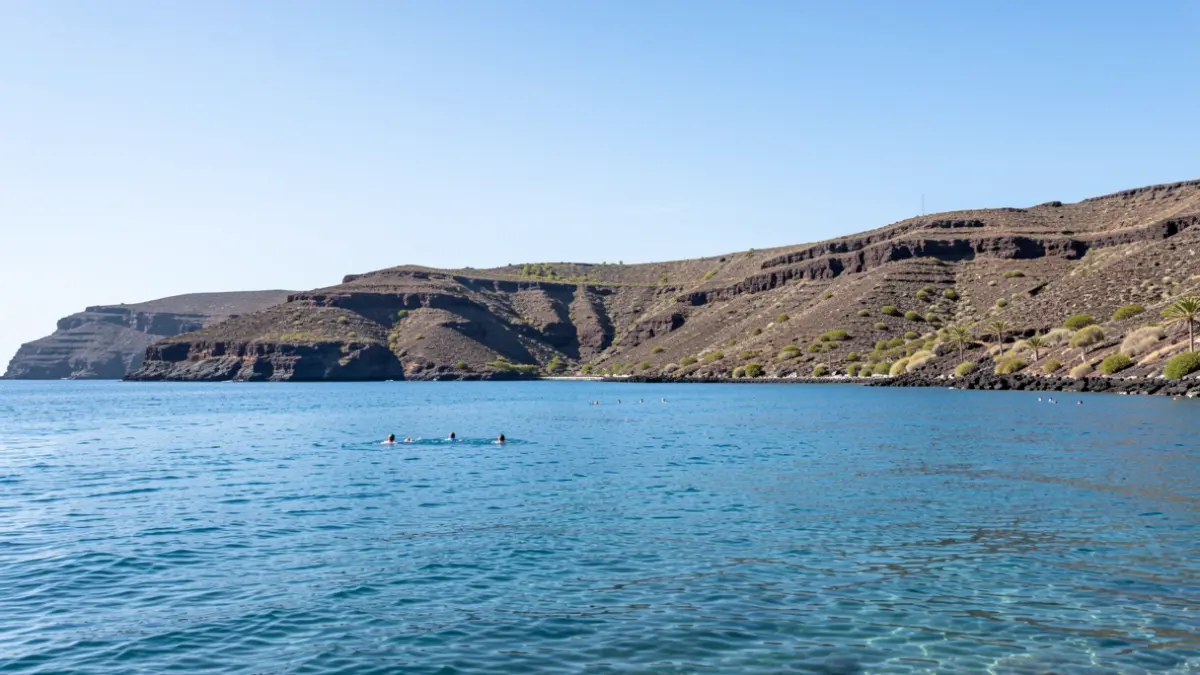 Image of swimmers in a calm bay with a volcanic coast in the Canary Islands.
