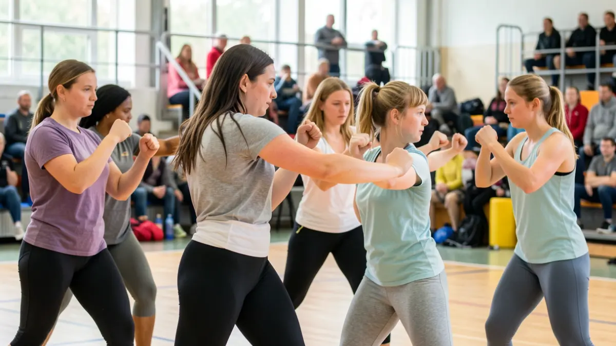 Imagen de mujeres participando en un seminario de defensa personal femenina.