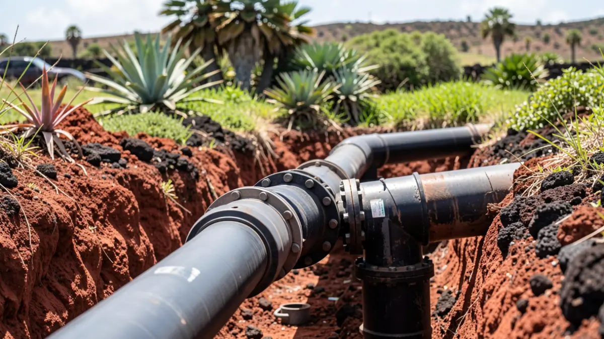 Image of water pipes being installed in a trench in a rural area of La Palma.