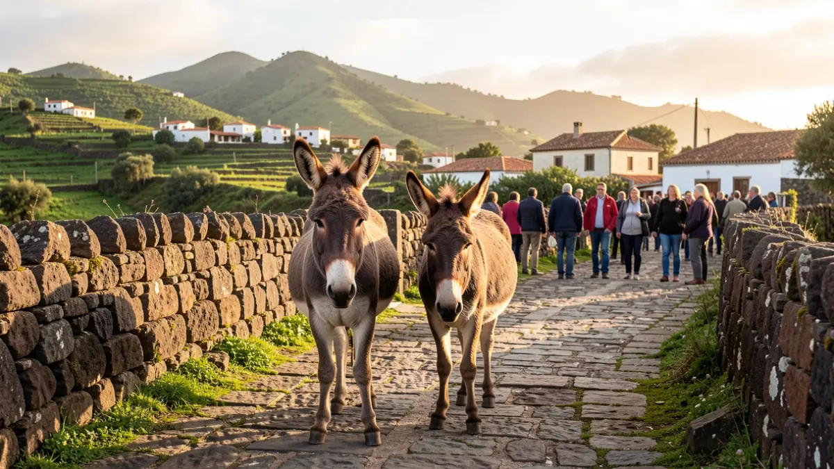 Image of a donkey and a mule on a rural path in the Canary Islands.