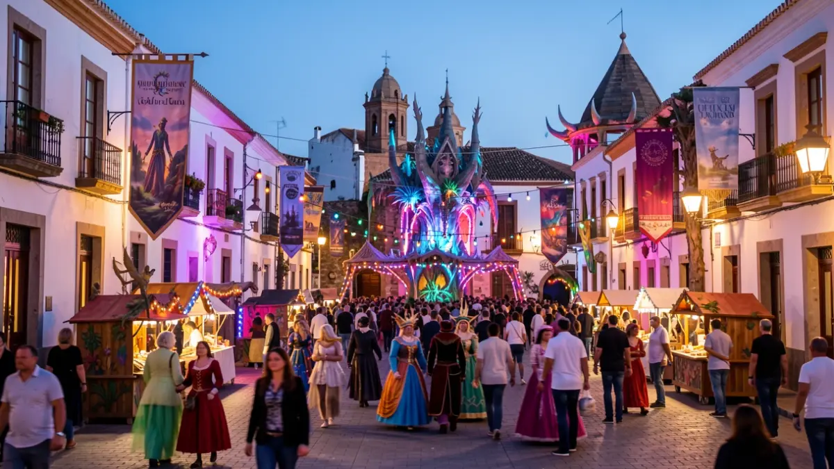 Image of the Plaza de Santiago in Gáldar decorated for the VillanoCon convention, with colorful lights and a festive atmosphere.