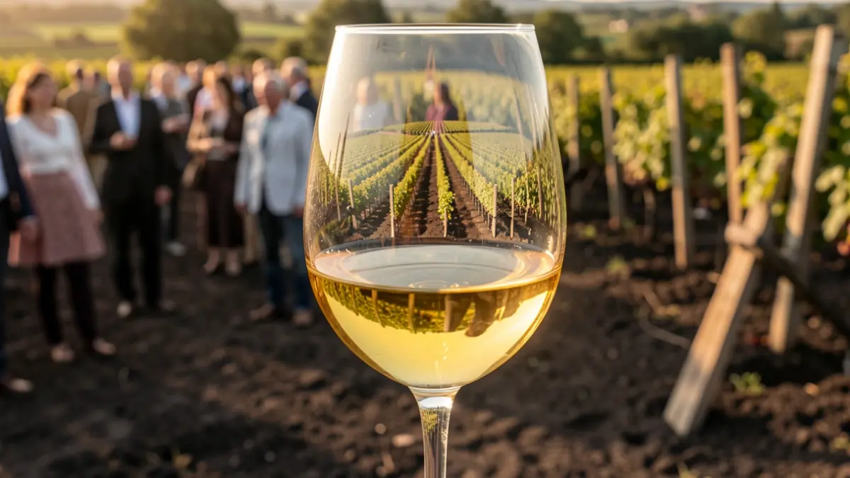 Primer plano de una copa de vino con reflejos de viñedos y suelo volcánico.