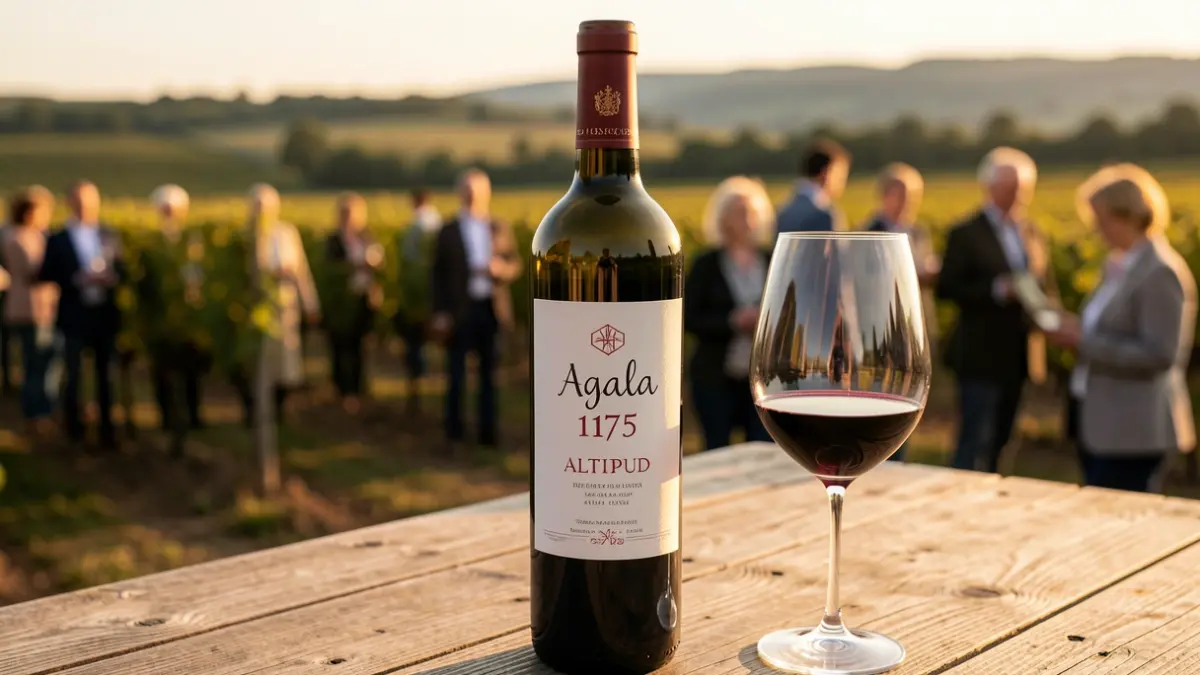Botella de vino tinto Agala Altitud 1175 y una copa de vino con paisaje de viñedo al fondo.