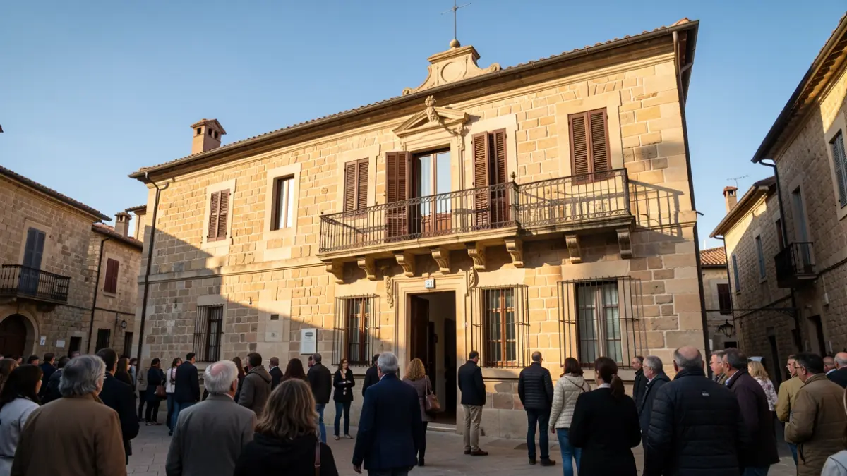 Fachada de un ayuntamiento tradicional de Canarias con balcón y barandillas de hierro, luz cálida de la tarde.