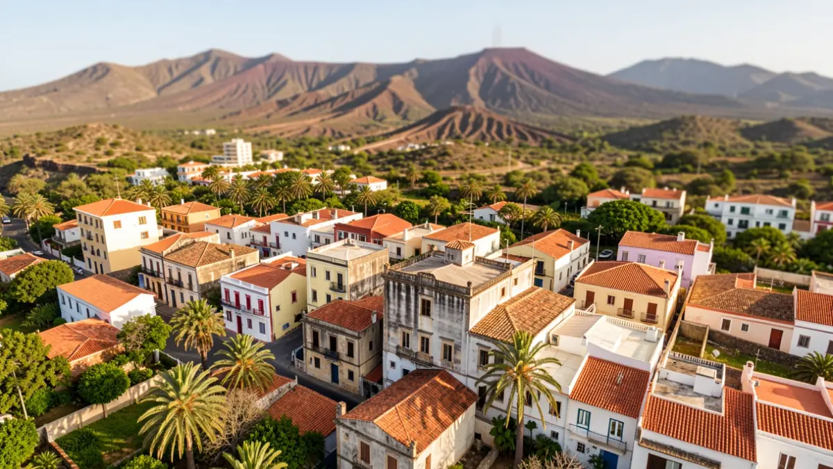 Vista aérea de un barrio de Canarias con viviendas antiguas y nuevas, algunas afectadas por el calor, rodeado de vegetación y paisaje volcánico.