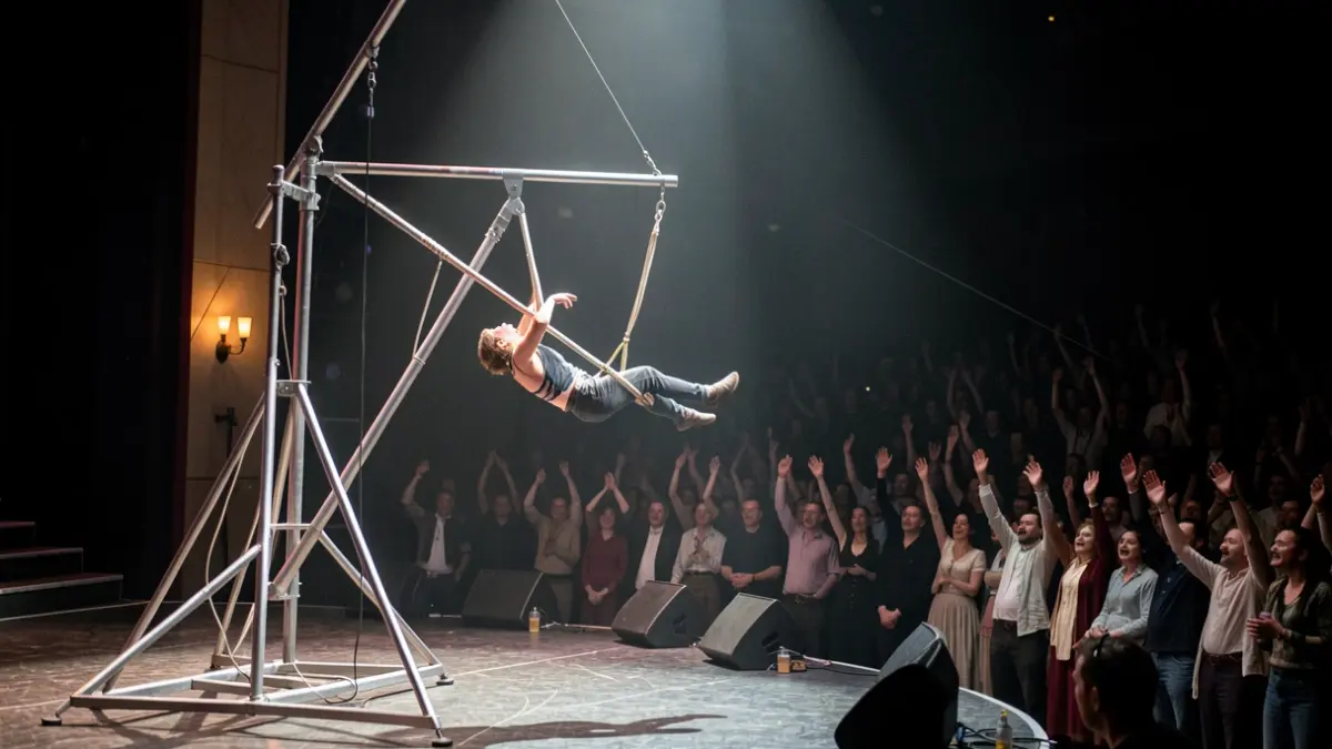 Stage scene with acrobatic equipment and spotlight, suggesting a show of humor and daring.