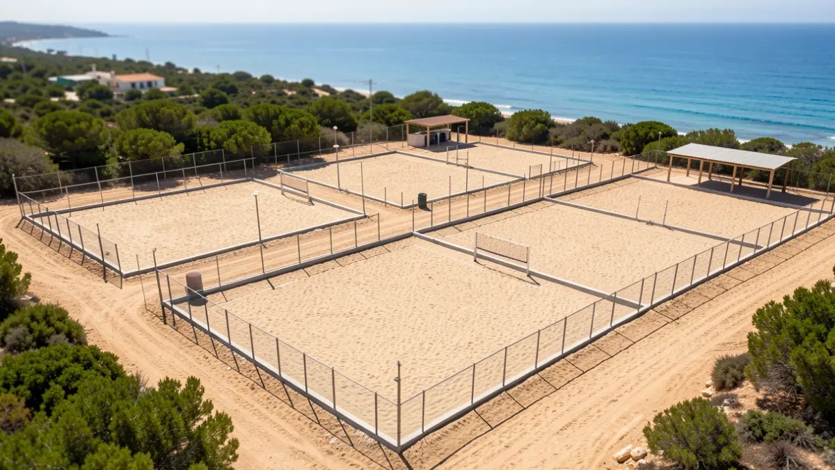 Vista aérea de la construcción de nuevas canchas de arena para deportes en Playa Blanca, Yaiza.