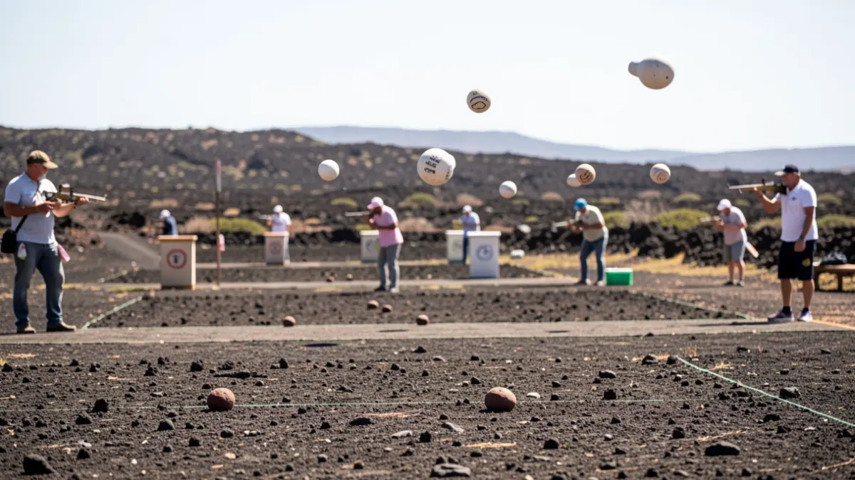 Clay pigeon shooting range in Yaiza during the first 'Tirada del Cazador' competition, featuring participants and launched targets.