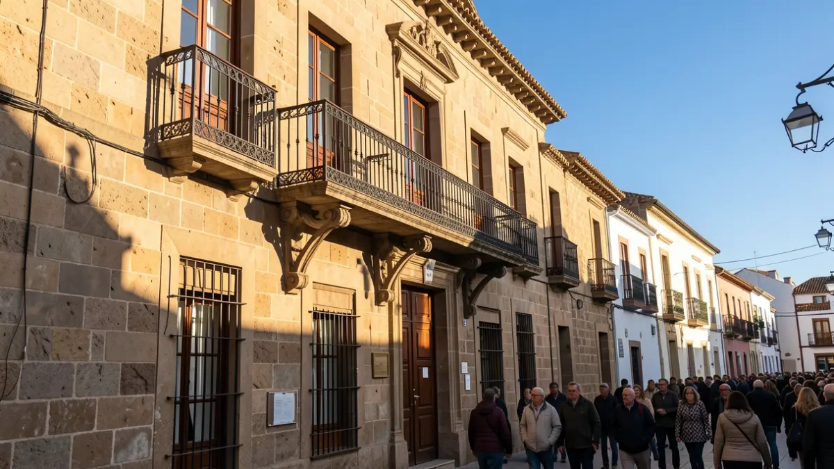Facade of a traditional Canarian town hall with a balcony and iron railings, under the afternoon sunlight.