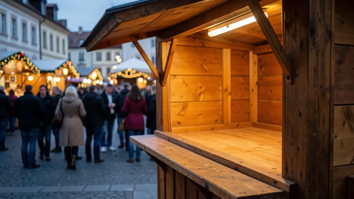 Imagen genérica de un puesto de mercado navideño de madera vacío, con luz interior cálida.