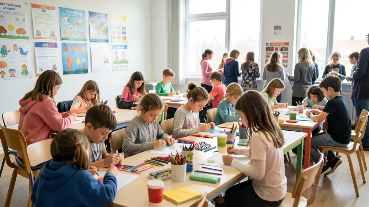 Imagen genérica de niños participando en un taller de manualidades en un aula.