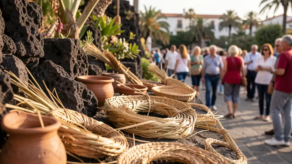 Imagen genérica de artesanía tradicional canaria, como cestería de palma y cerámica, con texturas volcánicas y vegetación al fondo.