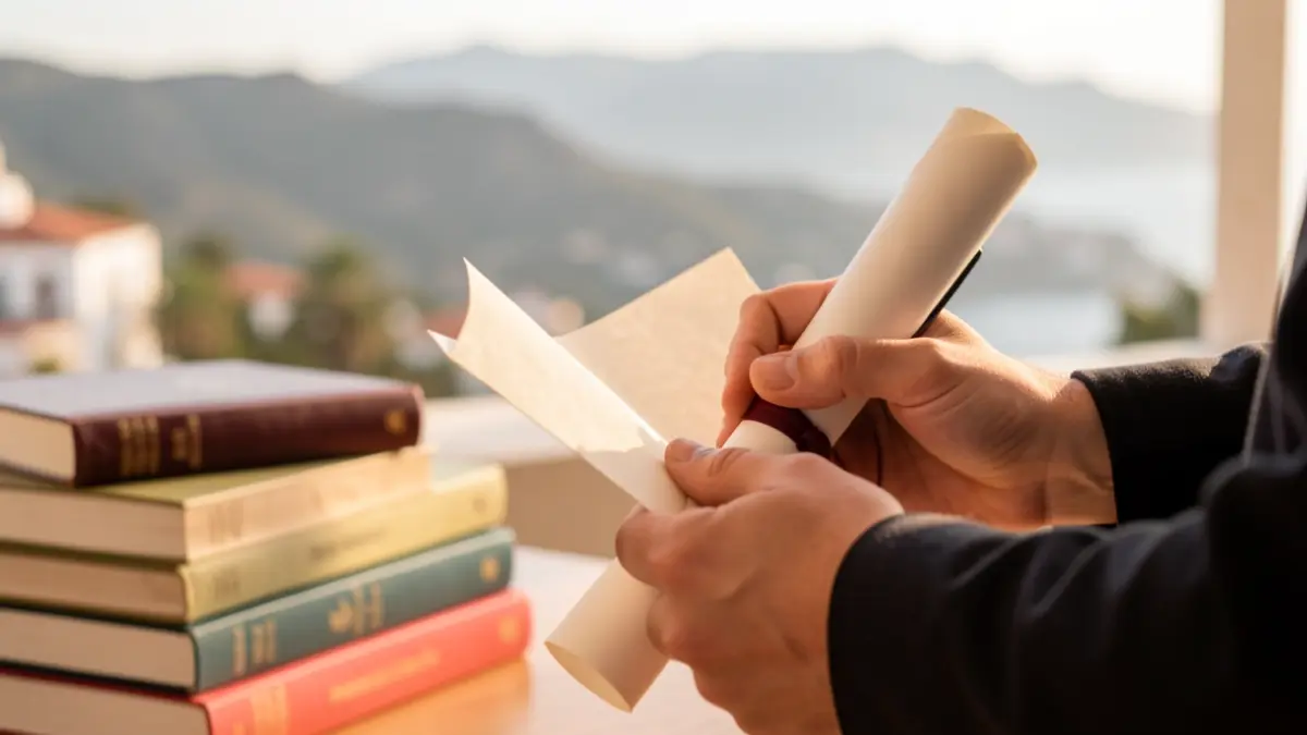 Close-up of a university student's hands holding a diploma and a pen, with blurred academic books and a subtle Canarias landscape in the background.