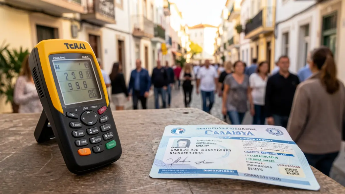 Imagen genérica de un taxímetro y un carnet de conducir con un fondo borroso de una calle de Canarias, luz diurna cálida.