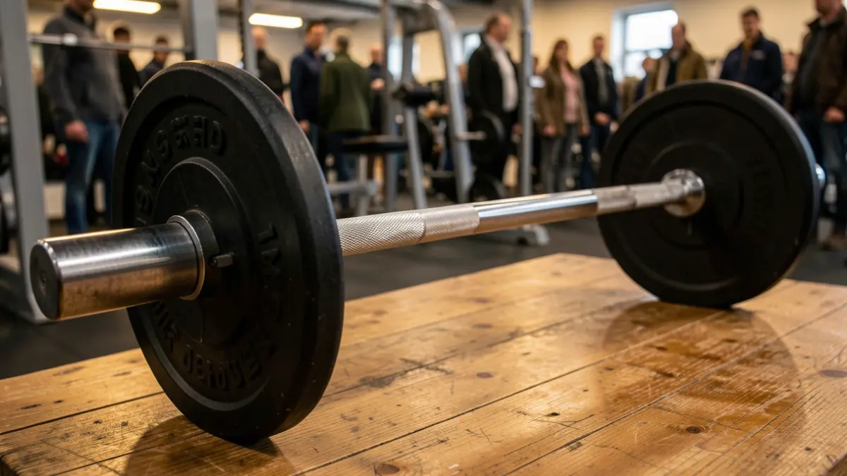 Imagen genérica de una barra de halterofilia sobre una plataforma de madera, con equipamiento de gimnasio desenfocado al fondo.