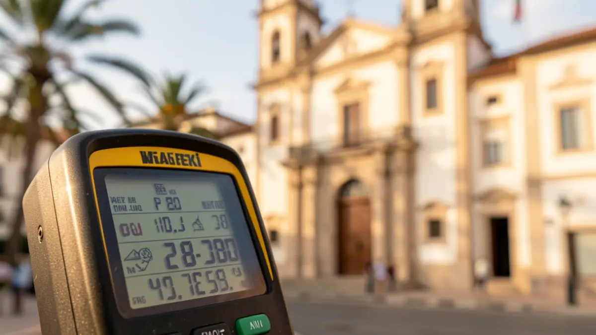 Close-up of a taxi meter showing a fare, with the blurred background of a town hall facade in the Canary Islands.