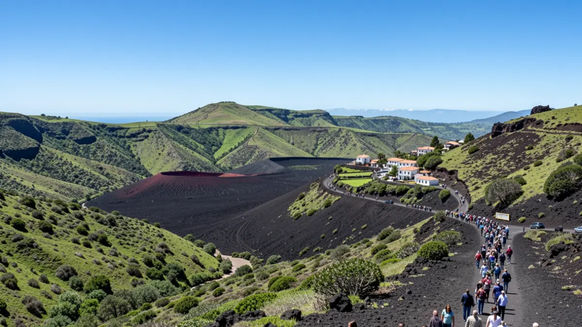 Vista panorámica del paisaje volcánico de La Gomera con valles verdes y arquitectura tradicional.