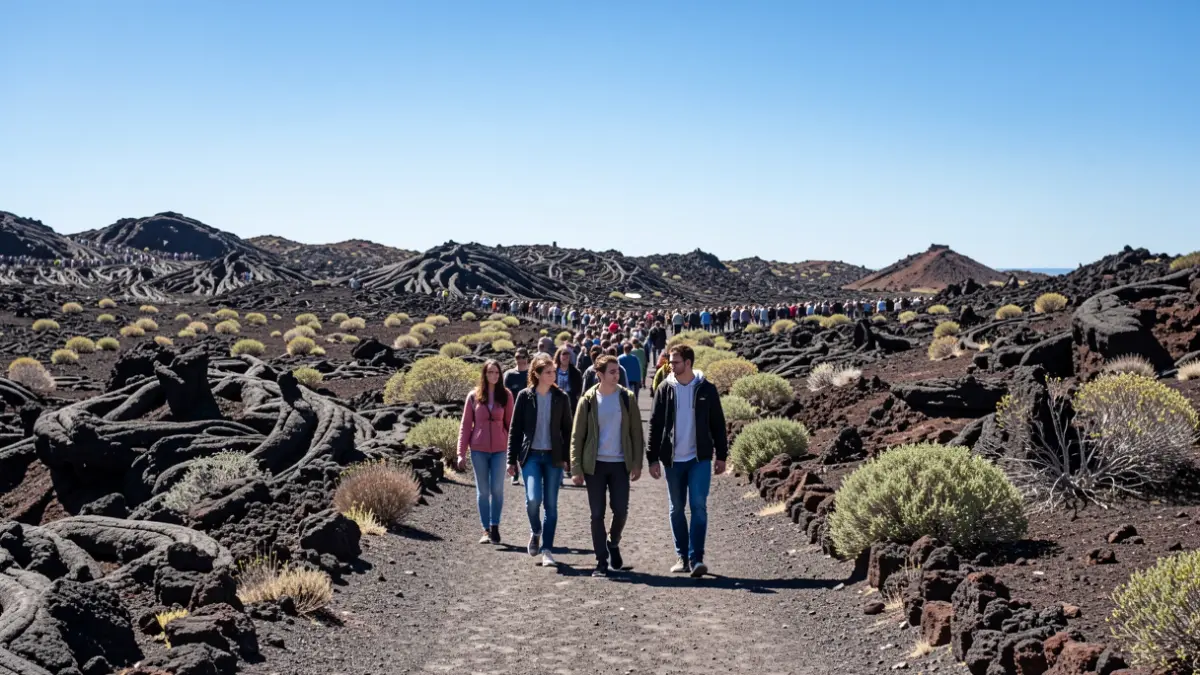 Estudiantes recorriendo el sendero volcánico del Malpaís de Güímar, observando formaciones de lava y flora local.