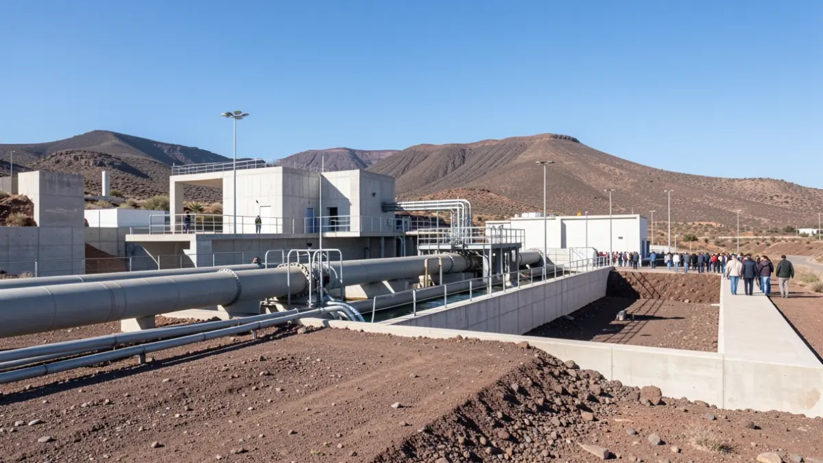 Imagen genérica de la infraestructura de una planta de tratamiento de aguas residuales moderna con tuberías y estructuras de hormigón.
