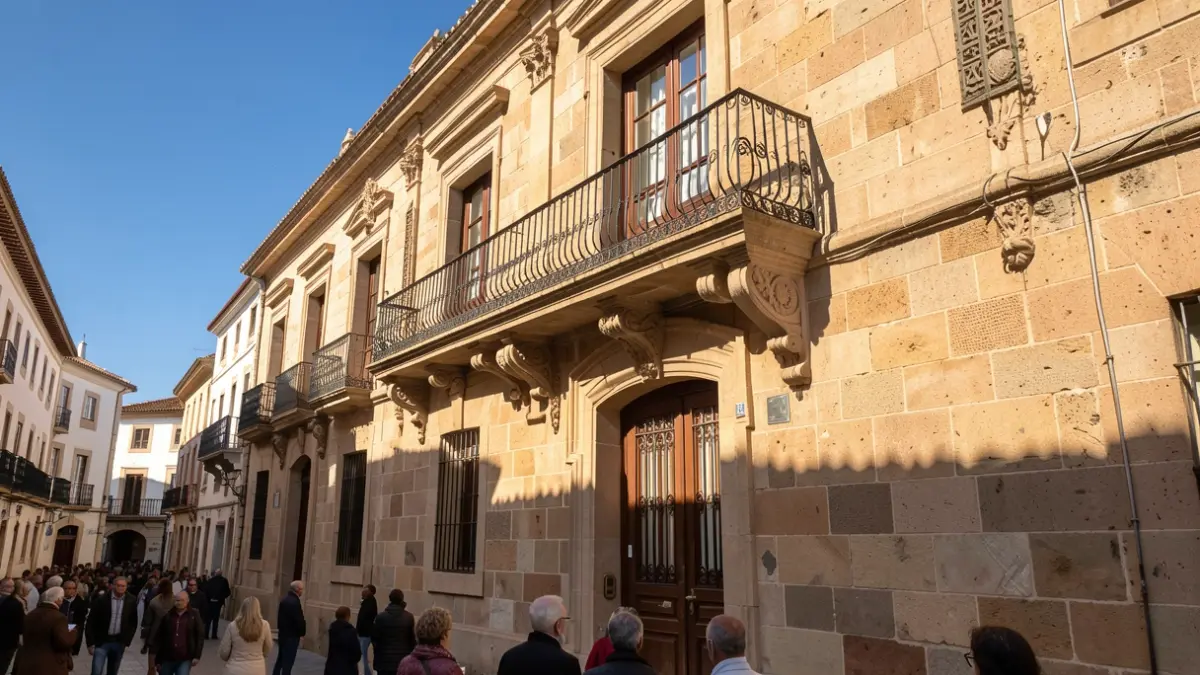 Imagen genérica de la fachada de un ayuntamiento canario con balcón y barandillas de hierro, luz de sol de la tarde, cielo azul.