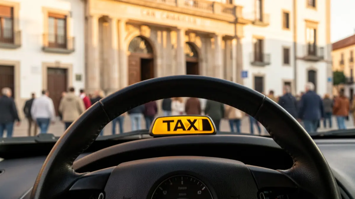 Generic image of a taxi steering wheel with the municipal sign illuminated, in front of a town hall facade.