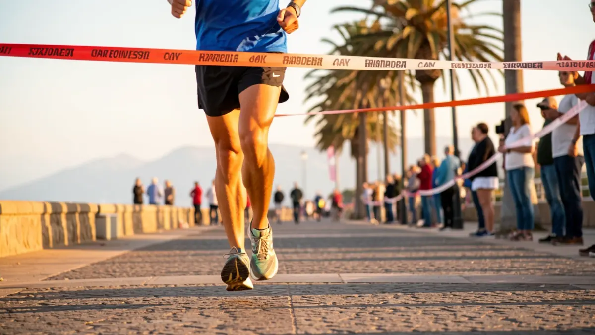 Imagen genérica de unos pies cruzando una cinta de meta en una carrera popular en la costa.
