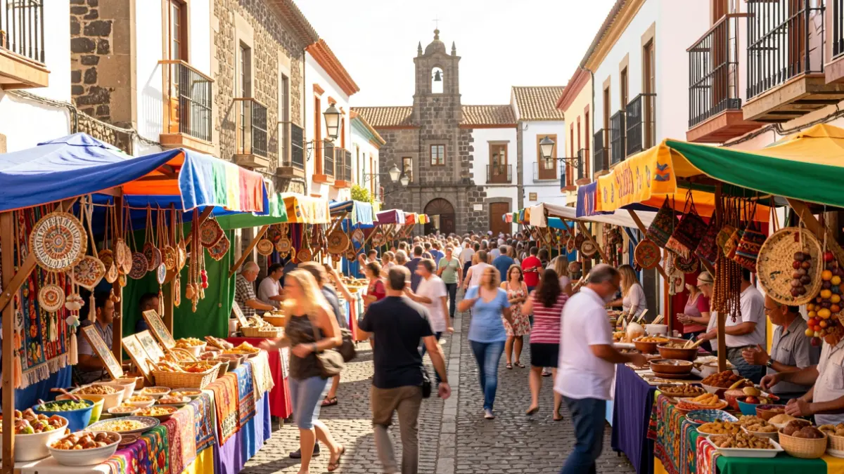 Scene from the 'Arona en Tradiciones' festival in the Historic Site of Arona, featuring craft stalls, gastronomy, and folklore.