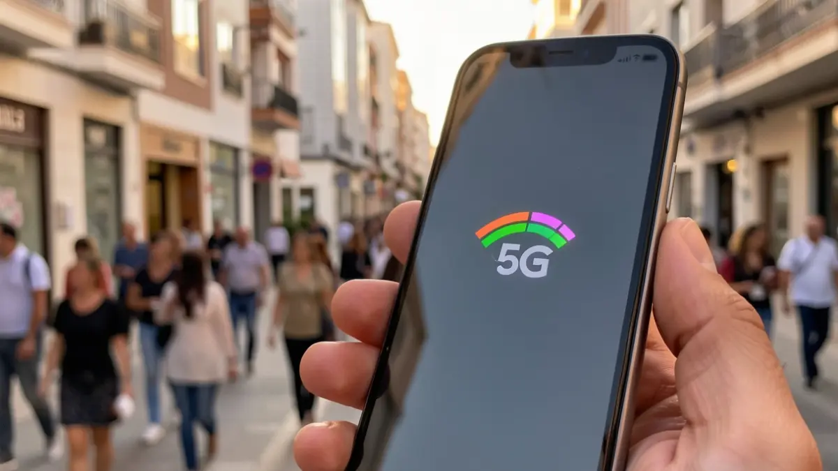 Generic image of a mobile phone displaying the 5G icon with a blurred urban street in Canarias in the background.