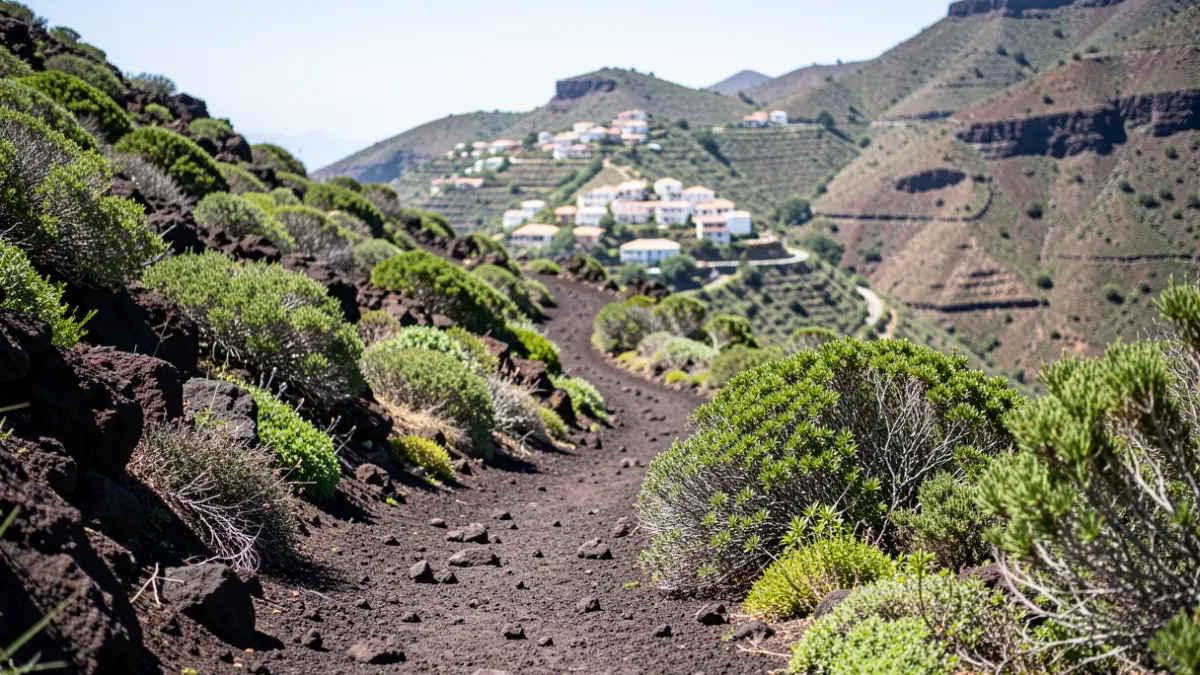Mountain trail in Arona, Tenerife, with views of the volcanic landscape and the village.