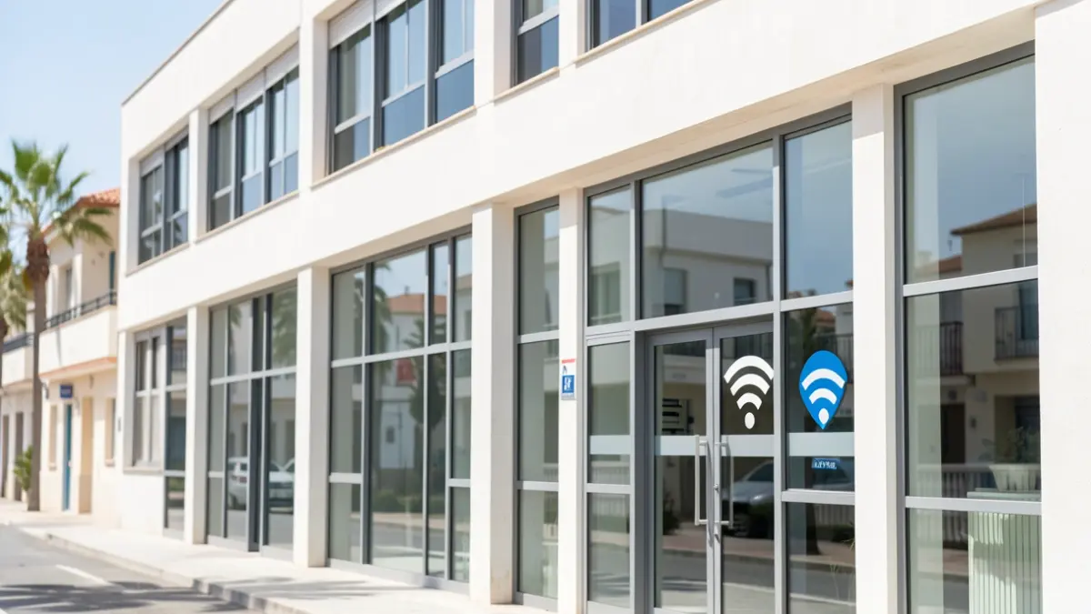 Fachada de un edificio municipal moderno con un punto de acceso Wi-Fi público visible.