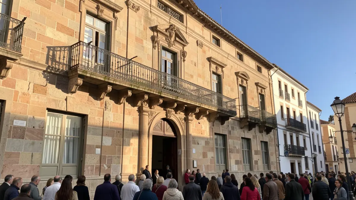 Generic image of a Canarias town hall facade with ornate balcony and iron railings, warm afternoon sunlight casting shadows on the sandstone walls, blue sky, documentary photography style.