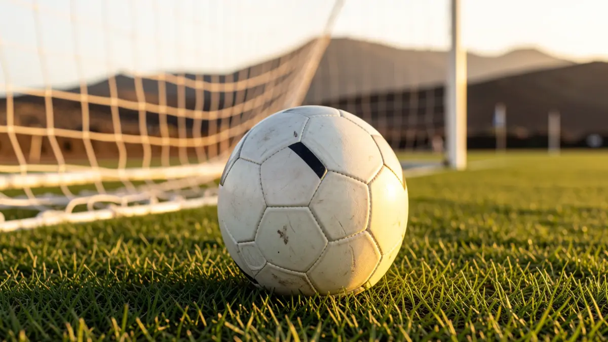 Generic image of a soccer ball on grass with the goal net blurred in the background.